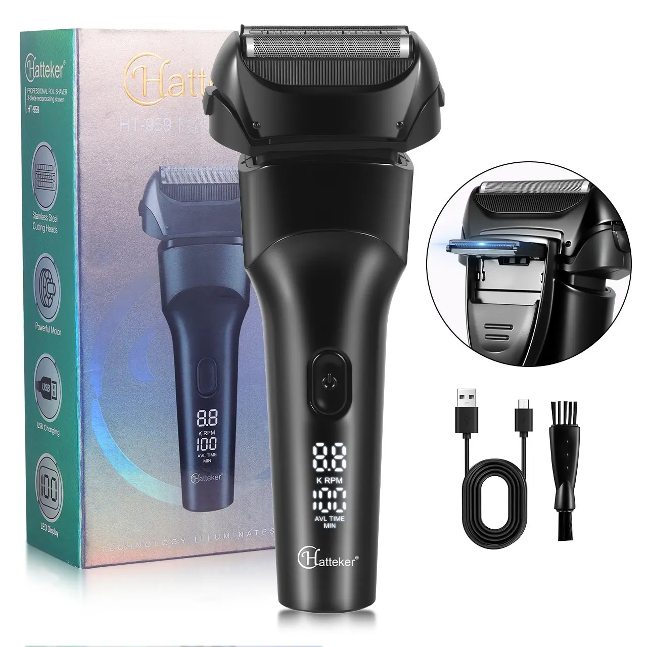 Hatteker Men's Two-In-One Shaver, Three-Blade Reciprocating Electric Razor, USB Rechargeable Shaver, Floating Blade, Waterproof, with Side Trimmer, Gift for Men