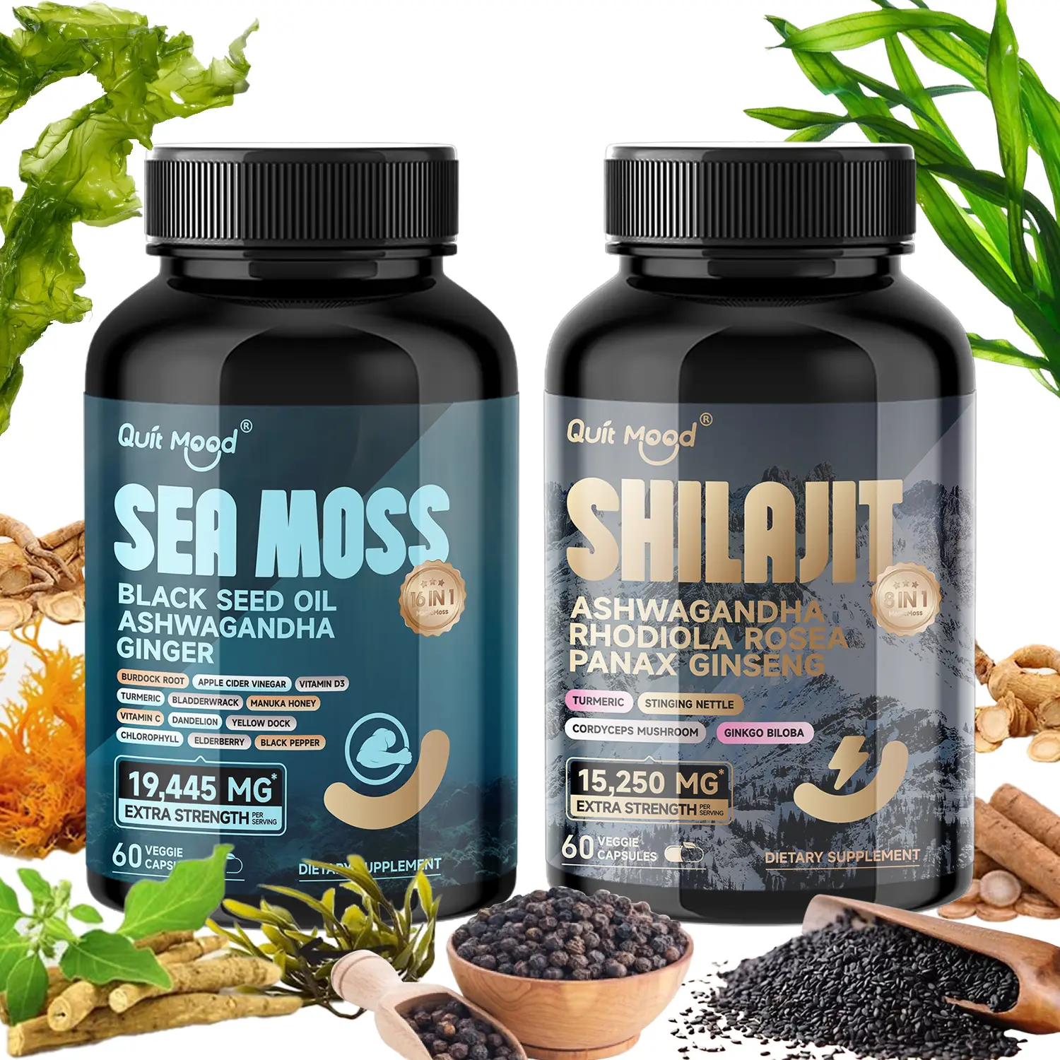 Sea Moss and shilajit Bundle 120 capsules, with Seamoss, Black Seed Oil, Ashwagandha, Ginger, Burdock Root, Turmeric, Black Pepper Healthcare Dietary, All-in-One Multivitamin Combo Black Seed Oil Supplement Fitness