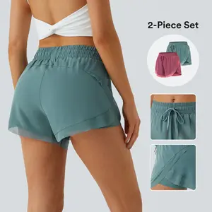 Halara 2-Piece Mid Rise Drawstring Contrast Mesh Dolphin 2-in-1 Flowy Running Shorts 3'' Set