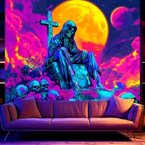 BSFHH Halloween Black Light Tapestry – UV Reactive Glow in the Dark Wall Hanging, Spooky Night Scene with Ghosts & Pumpkins, Haunting Home Decor for Parties, Bedroom, or Dorm (Skull, 79L" x 59W", Unframed)