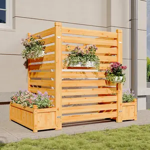 Aoxun Air Conditioner Fence, 3-Panel Outdoor Wood Privacy Screen with Planter Box, 34" W x 45" H Privacy Fence for Air Conditioner, Trash Can, Pool, Patio & Backyard Decor No-Dig Kit
