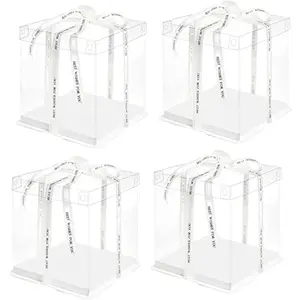 10 Inch Clear Cake Box,4 Pcs 10" X 10" X 9" Transparent Cake Box with Ribbon for 8" Cakes-Tall Cake Boxs- Clear Gift Boxes with Lid for Wedding Party and Gift Display (White-4 Set)