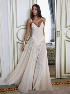 Women's 2 in 1 Deep V Neck Backless Tulle Dress, Elegant Sleeveless Maxi Dress for Party Holiday Wedding Guest, Ladies Clothes for Summer