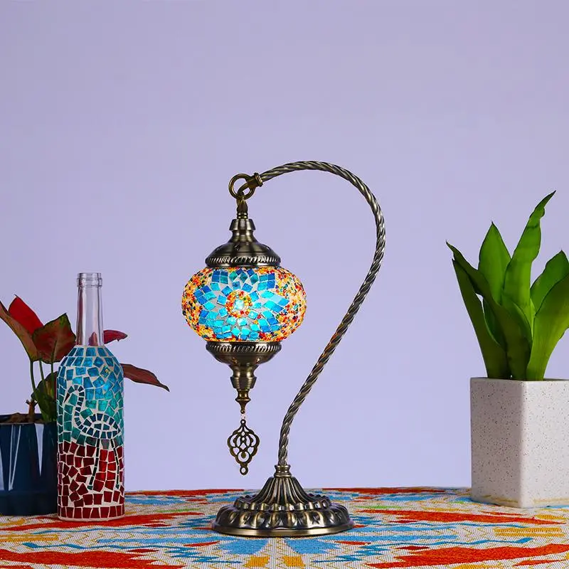 Handmade Turkish Mosaic Swan Neck Table Lamp - 5.1in Glass Shade, 15.7in Tall, Elegant Bedroom Lighting, Ambient Night Lamp, Decorative Atmosphere Lighting, Unisex Room Decor Bedside Gift (Home Improvement Indoor Lighting) Indoor Decorative Light Artistic