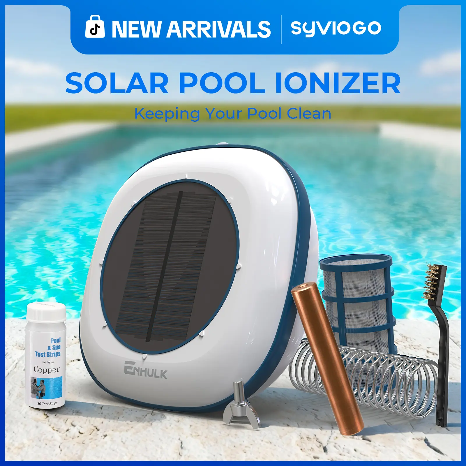 Enhulk 2026 newest Solar Pool Ionizer, Floating Water Cleaner and Purifier - Cleans Pools Up to 45,000 Gallons, Ideal for Above Ground, In-Ground Pools, Spas, and Hot Tubs(Blue)