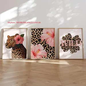 3-Piece Set, High-Definition Canvas Art, Retro Y2K Leopard Print Tropical Hibiscus Pink Cheetah Canvas Print Poster Vintage Hawaiian Aloha Animal Art Print Home Decor, Canvas Printing, 2D Frameless