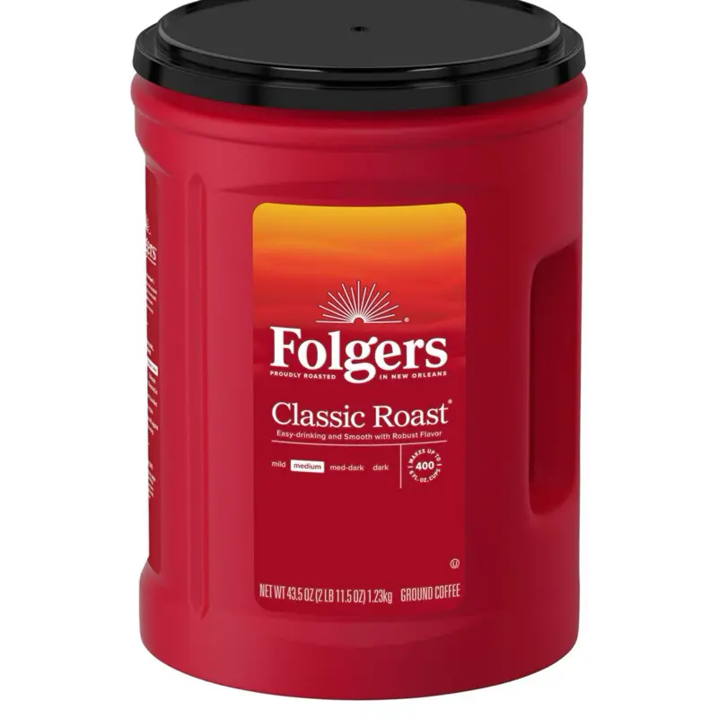 Folgers Classic Medium Roast Ground Coffee 43.5 oz Bean Beverage - Ground Coffee, Ambient Flavor, No Cholesterol, No Artificial Ingredients
