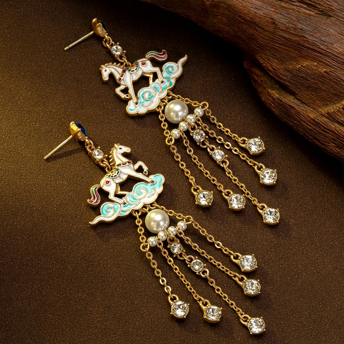 Vintage Chinese Pegasus Cloud Earrings | Tassel Pearl Statement Jewelry