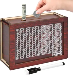 Retro Minimalist Wood 10000-Dollar Savings Challenge Box - Boxwood Piggy Bank, Home Decor Item with Flat-Pack Kit, Number Grid, Progress Tracker, Gift for Kids (3-12 Years Old)