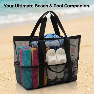 Extra Large Mesh Beach Bag for Women Men, Oversized Pool Tote with 9 Pockets, Family Sandproof Quick Dry Swim Gym Travel Bag, Collapsible Carry-on Shoulder Bag