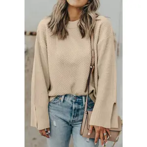 Parchment Solid Textured Knit Split Cuff Drop Shoulder Sweater