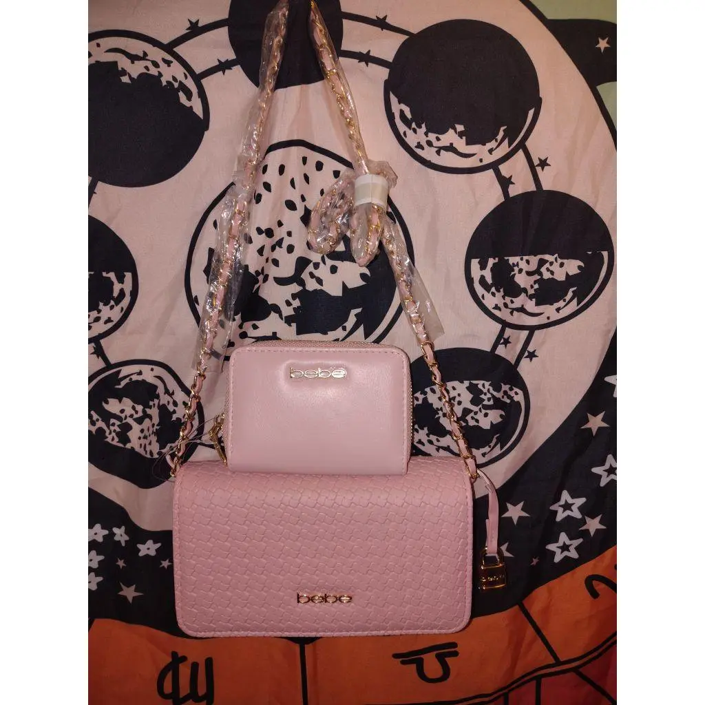 Bebe Crossbody Bag & Matching Wallet Set in Pink with Chain Strap and Zip Closure