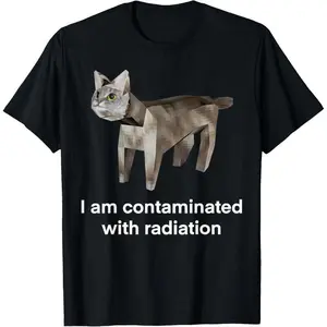 Men's Round Neck Radiation Contaminated Funny Ironic Cat Meme T-Shirt, Casual Streetwear Menswear with Distressed Cotton Fabric