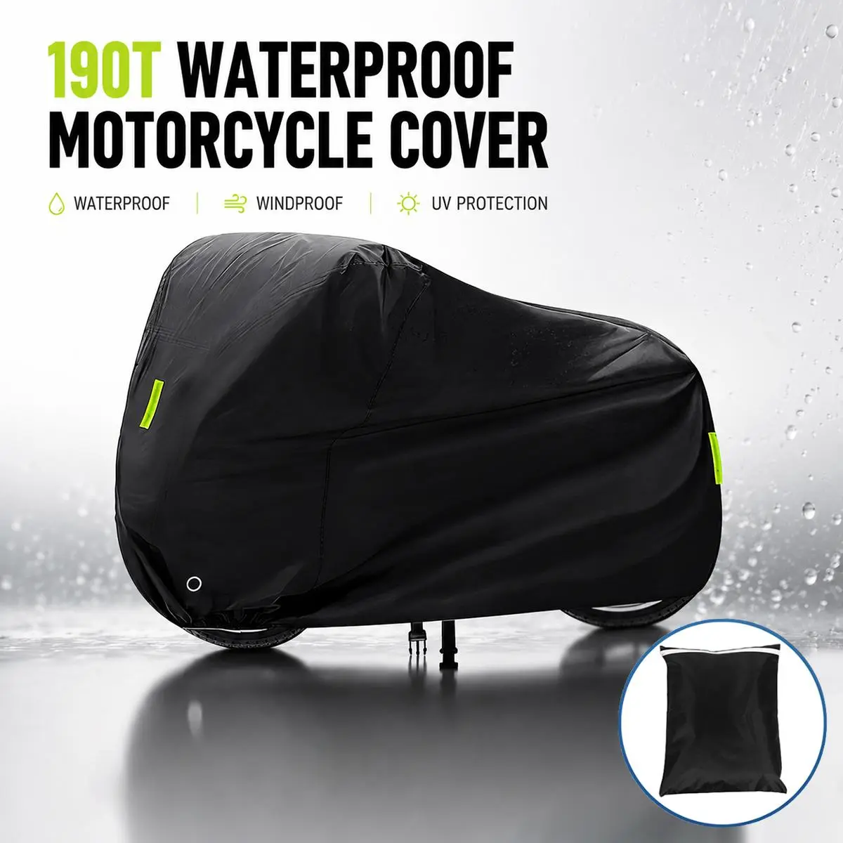 420D Heavy Duty Motorcycle Cover Waterproof Outdoor, All Season Moto Tarp w/ Windproof Strap & Reflective Strip
