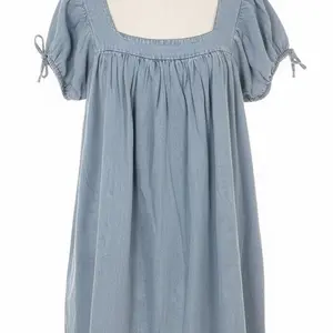 Pink Lily "Daydreamer" Denim Square Neck Babydoll Dress with Bow Ties and Short Sleeves XL