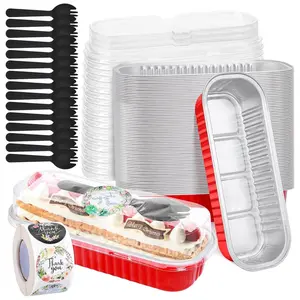 25Pack 6.8Oz Valentines Mini Cake Pans Disposable Mini Loaf Pans with Lids and Spoons and Stickers, Aluminum Pans for Baking, Individual Dessert Cups for Sales,Party,Picnics,Celebration