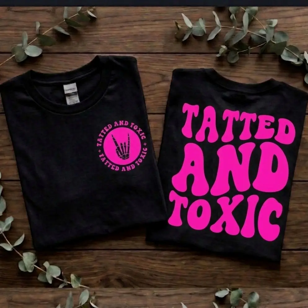 tatted and toxic shirt funny retro wavy lettering cute trendy tattooed life pink and black short sleeve shirt graphic tee biker emo alternative Casual