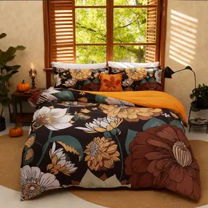 Vibrant Floral Pattern Decorative Bedding Set, Full Queen King Size 3 Piece Set, Includes 1 Duvet Cover + 2 Pillowcases,No Insert  Lightweight Easy Care