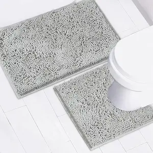 Bathroom Rugs Chenille Bath mat 2 Piece Set, Super Absorbent, Strong PVC Non Slip Backing, Bath mats for Bathroom, Plush Shaggy, Thick, Machine Washable, Bathtub, Toilet. (Light Grey)