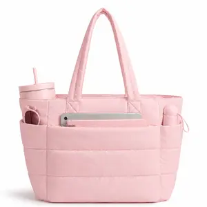 Fiveseasonhome 20L Puffy Quilted Tote Bag for Women, Lightweight Bubble Nylon Laptop Shoulder Bag with Built-In 40oz Cup Holder & Multiple Compartments, Large Work Travel College Commute Handbag Fits 15.6 Inch Laptop