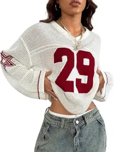 Women's Y2K Oversized Jersey Shirts Letter Print Knit Sweater V Neck Long Sleeve Crochet Pullovers Streetwear