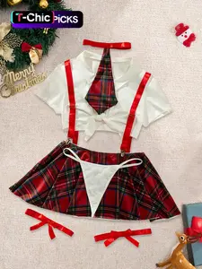 Christmas Temptation Sexy Cosplay Set, Dark Plaid Pattern, Thin Fabric, Fitted Style, Adjustable Strap Design, All Seasons Wear altgirl cool girl outfits  college pjs senior pj pants baddie babydoll