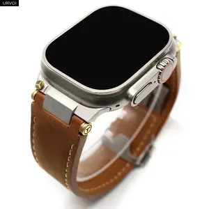 URVOI Band for Apple Watch Ultra 3 2 series 11 10 9 8 SE Vintage Crazy horse Leather strap fold pin buckle durable metal adapters Smart Watch Straps