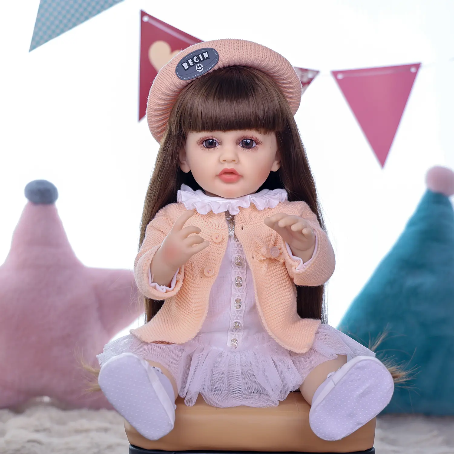 KEIUMI 22-in Realistic Full Body Silicone Reborn Baby Doll Toy for Girls Over 3+, with Brown Long Hair, Black Eyes, Coffee Beret Hat Set, White Canvas Shoes, Birthdays and Christmas Gift