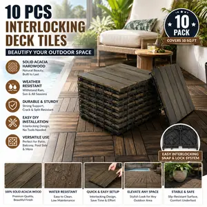 10 PCS Interlocking Deck Tiles Striped Pattern 12x12 Dark Brown Square Acacia Hardwood Outdoor Flooring for Patio Balcony Pool Side Porch Backyard Garden Wooden DIY Waterproof Snap Together Patio Pavers
