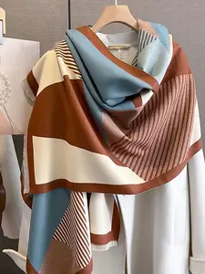 Autumn Winter Simple Geometric Stripe Knitted Scarf, Textured Blanket Scarf, Warm Neck Wrap Shawl, Outdoor Travel Date Decoration, Versatile Fashion Accessory