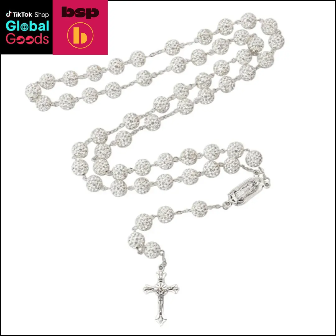 Vintage Style Metallic Silver Cross Necklace with Rhinestone Accents, Rosary Chain, Unisex Christian Spiritual Costume Jewelry, Easter Gift, Elegant Design, Spiritual Jewelry, Cross Pendant, Retro, Special Events, Religious, Accessory Necklace