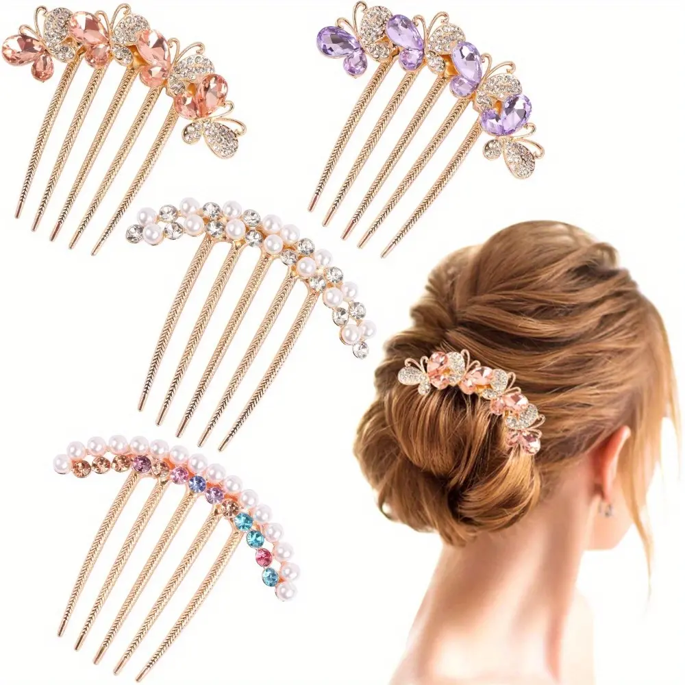 Vintage Hair Pins & Combs, 4-Piece Metal Alloy Set with Rhinestone and Faux Pearl for Women's Bridal Updos and French Twists