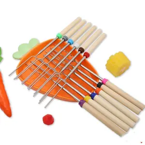 Marshmallow Roasting Sticks, Telescoping Smores BBQ Forks, 32 Inch Long Metal and Wooden Barbecue Skewers for Camping & Bonfires, Barbecue Utensils