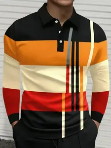 Men's Colorful Striped Long Sleeve Performance Polo Shirt, Casual Comfortable Golf Top for All Seasons, Fashion Gift for Men