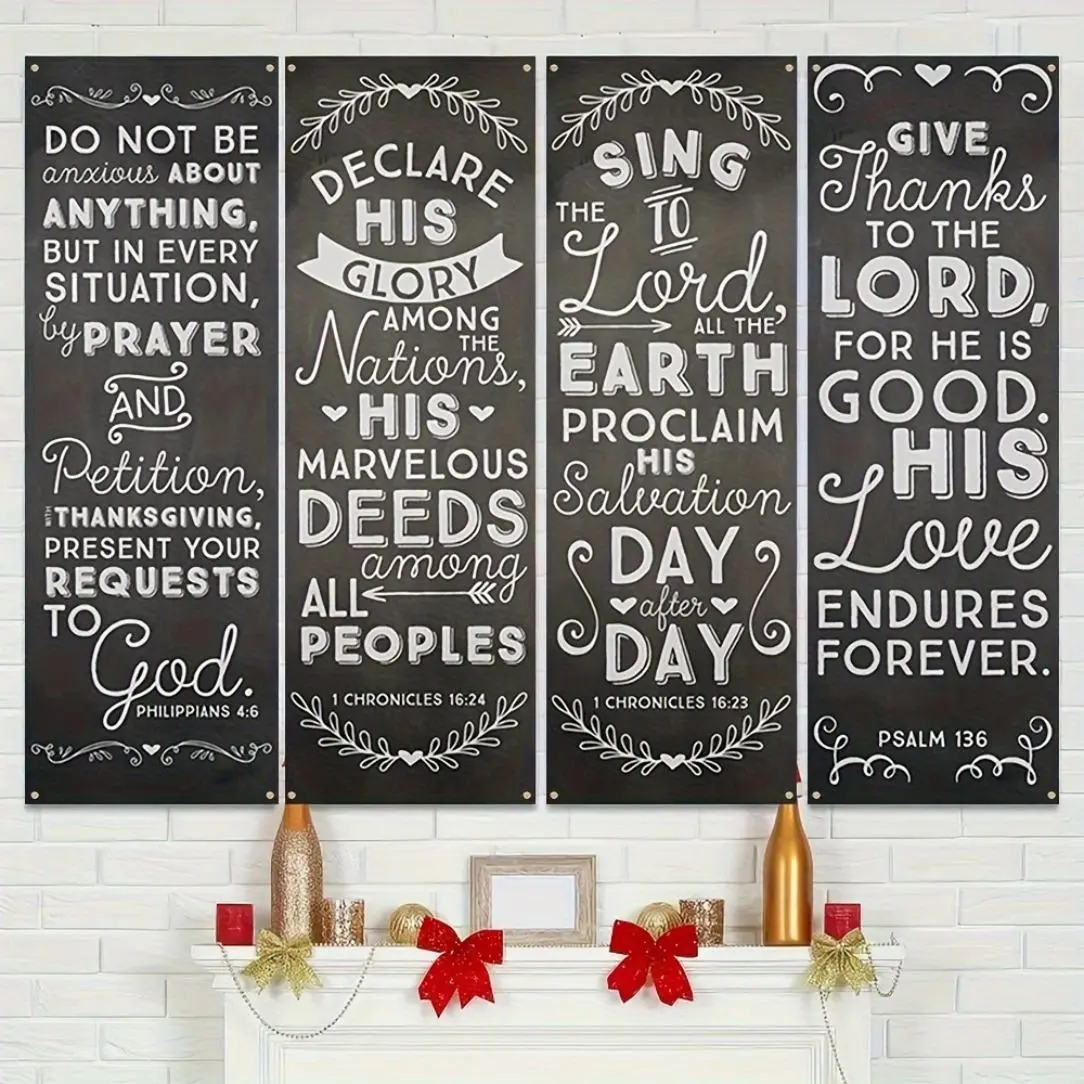 Easter Theme Backdrop Banner, 4 Counts/set Bible Quote Church Banner, Wall Decor for Home Living Room Bedroom Church Sanctuary Walls, Ornaments