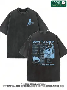 1 PC Men's Wave to Earth Graphic T-Shirt Casual Vintage Acid Wash World Tour Print Back Oversized Cotton Tee for Urban Streetwear Outfits Menswear