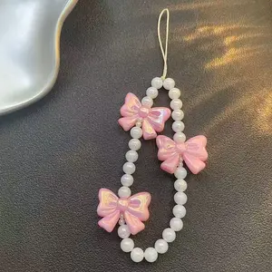 ins handmade original cute cartoon pink bow pearl phone lanyard Phone Strap CCD lanyard anti-loss chain Phone Charms Phone Accessories