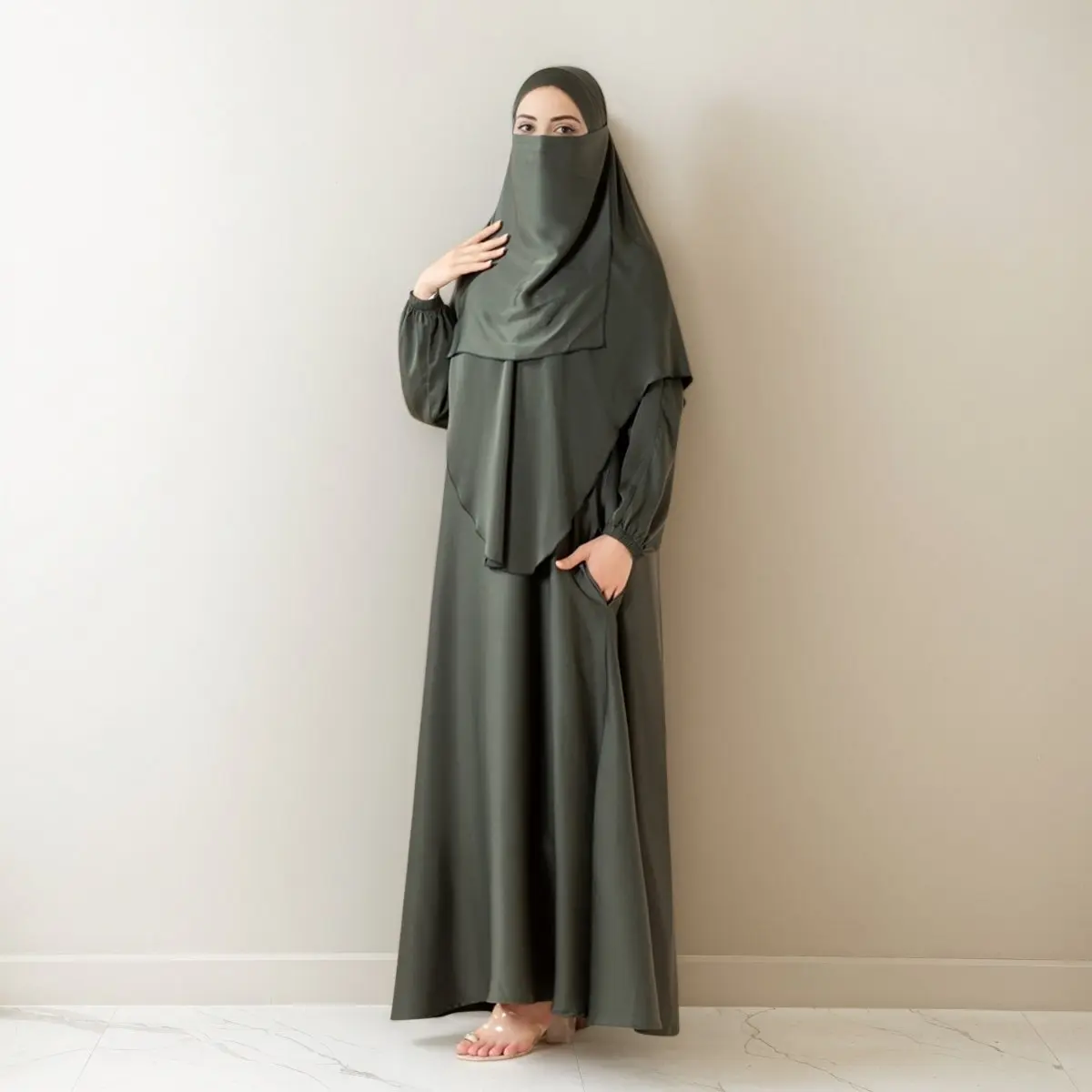 Women's 3-Piece Abaya Khimar Set, Elegant Islamic Clothing in Satin with Long Sleeve for Prayer, Modesty Abaya with Pockets, Islamic Abaya Dress