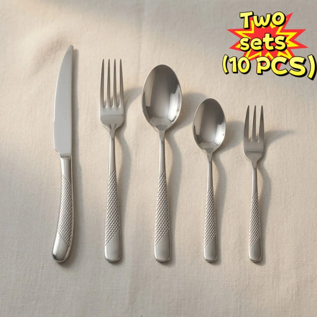 Stainless Steel Cutlery Flatware Set - 2 Sets of 10-Piece Stylish Tableware with Diamond Texture Handle, Heat Resistant Knife, Fork, Spoon for Home Dining, Festive & Party Use