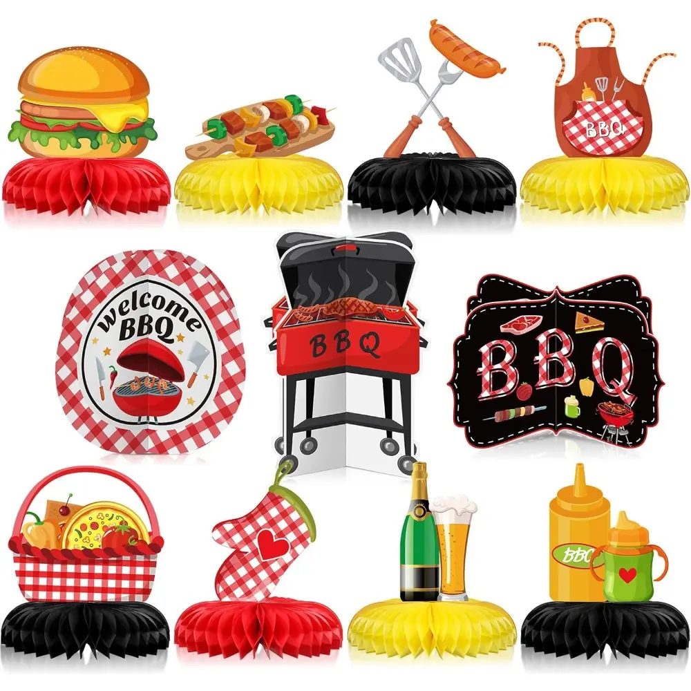 11-Piece Smooth Checkered Waterproof Print BBQ Table Decorations Kit - Laminated Film, Honeycomb Ball, BBQ Elements, Aprons, Gloves, Cardboard, Fade-Resistant Kitchen & Tableware Supplies for Summer Grills, Themed Birthday Party, Baby Shower, Hamburgers
