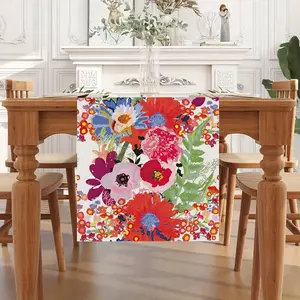 Vibrant Floral Table Runner, Background with Symmetrical Flower Design, Blue Block, Dining Room Decor