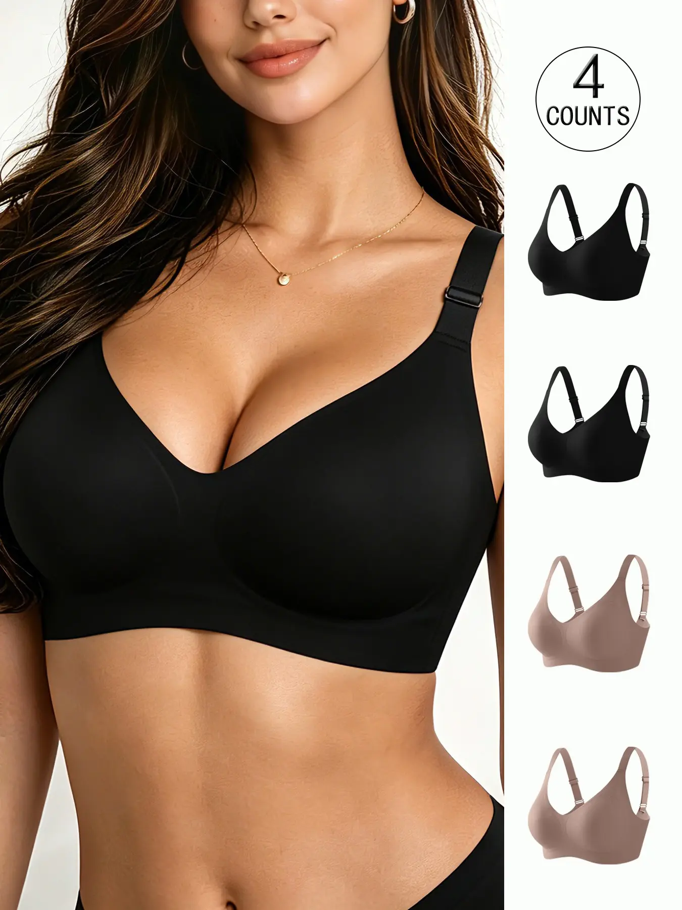 4 pack, 6 colors, women's seamless jelly bra, four rows of three hooks, push-up and adjustable straps sports vest, Workout bra, Workout Sports Bras, suitable for daily wear, yoga, comfortable, breathable, women's underwire-free bra