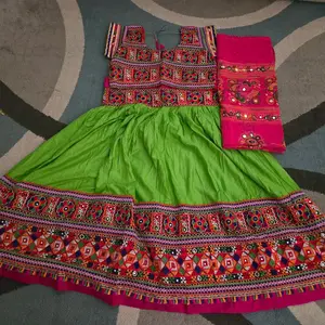 Full Set Chaniya Cholis - Green Dress with Colorful Embroidery and Matching Pink Dupatta