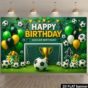 2D Flat Banner Polyester Photography Backdrop, HD Digitally Printed Soccer Birthday Theme Photo Background Cloth with botanical Field, Soccer Goal, Trophy, and Balloons, Soft Lightweight Foldable, for Birthday Party Decor, Sports
