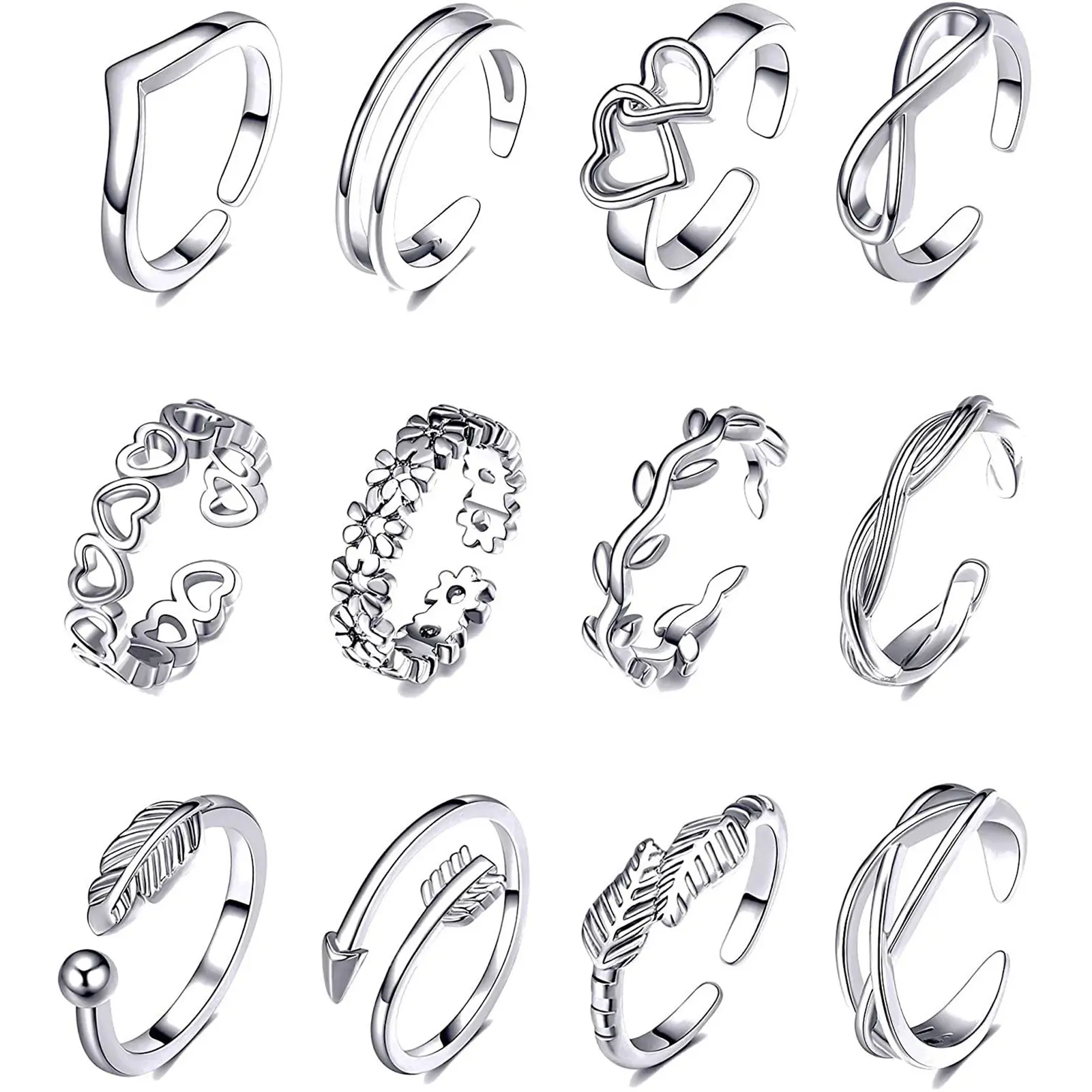 Adjustable Toe Rings, 12 Pcs Flower Arrow Alloy Foot Jewelry, Stackable Toe Ring Set for Women Teens Girls, Fashion Toe Decor for Daily Wear
