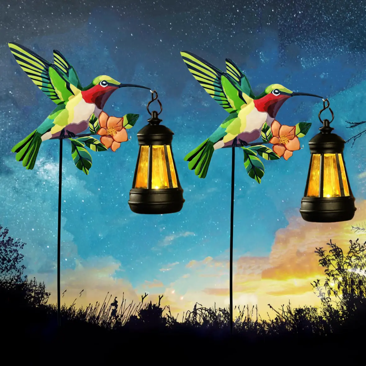 RUIDEL MICHAELS 2pcs set of spring and summer solar lights, outdoor solar garden lights, statues, outdoor solar hanging lights, solar courtyard decorations, outdoor solar animals, hummingbirds, solar lights, courtyard garden party decorations