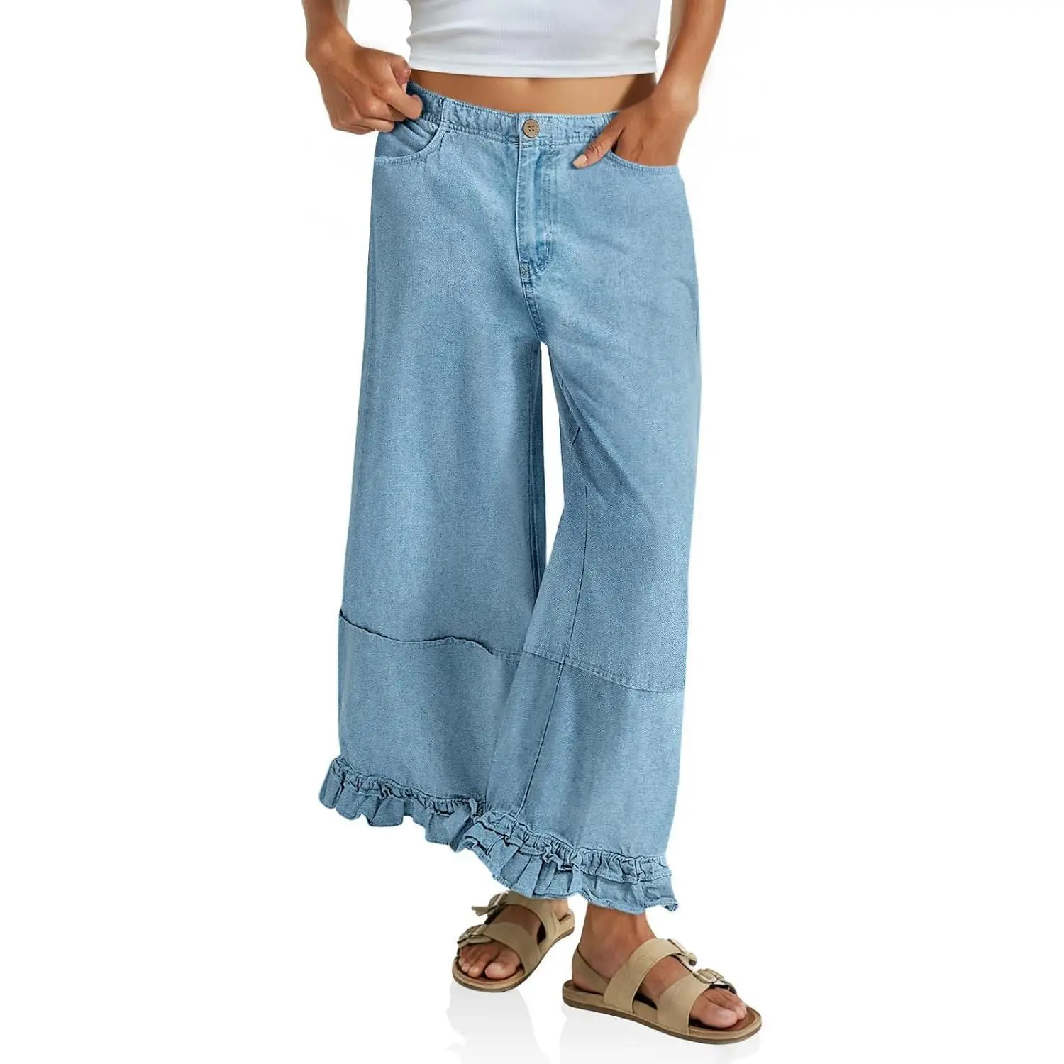 Imily Bela Womens Ruffle Wide Leg Jeans Cropped Elastic High Waisted Baggy Denim Pants with Pockets