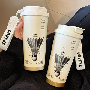 Badminton Enthusiast Coffee Thermos Cup, 530ML Straw & Lid Set, Stainless Steel Vacuum Insulated Travel Mug, Office Outdoor Camping Gift