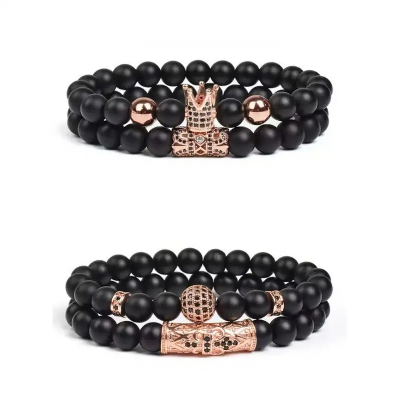 Unisex Bracelet Set, 4-Piece Matte Onyx & Lava Stone Beads with Crown Charm, Versatile Elastic Stretch Handmade Jewelry for Casual Wear