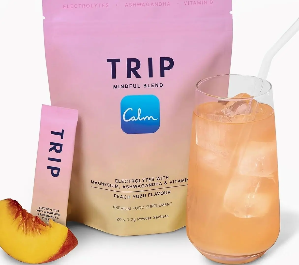 TRIP Electrolytes Powder Packets with Magnesium, Ashwagandha & Vitamin D. Peach Yuzu Daily Hydration Packets, Vegan, Electrolyte Drink Mix, Calming Hydration Powder, 20 Sachets